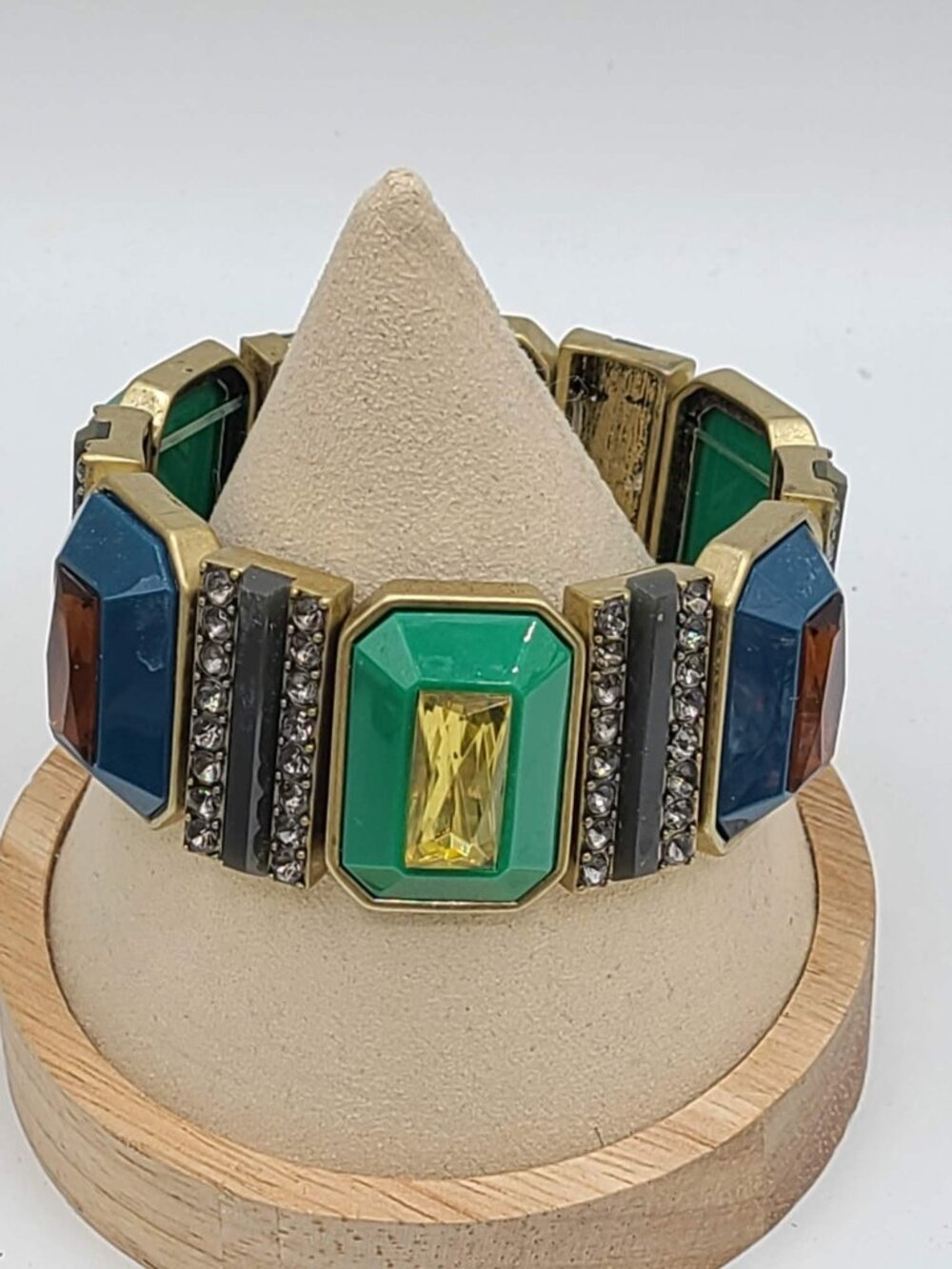 J Crew Green Enamel Gold Tone Stretchy Bracelet with Gold Amber Stones
